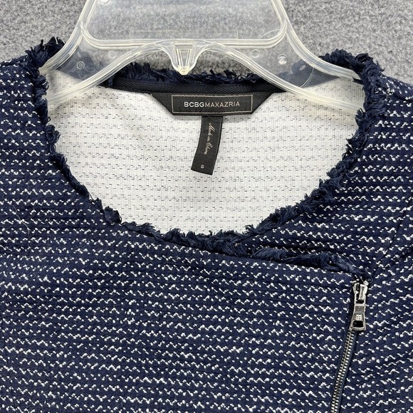 BCBGMAXAZRIA Tweed Peplum Top Womens Size S navy Blue Zip Front Short sleeves - Picture 8 of 12